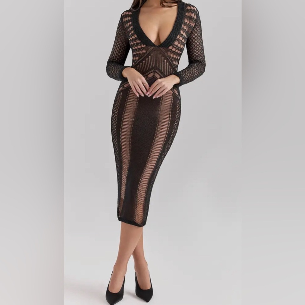 House of CB Louella Metallic Long Sleeve Body-Con Cocktail Dress